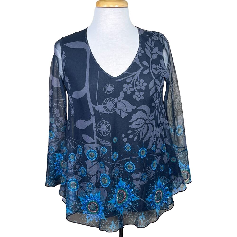 Desigual Women’s Sheer Mesh Top with Printed Design & Rhinestones Lined Fits S-M